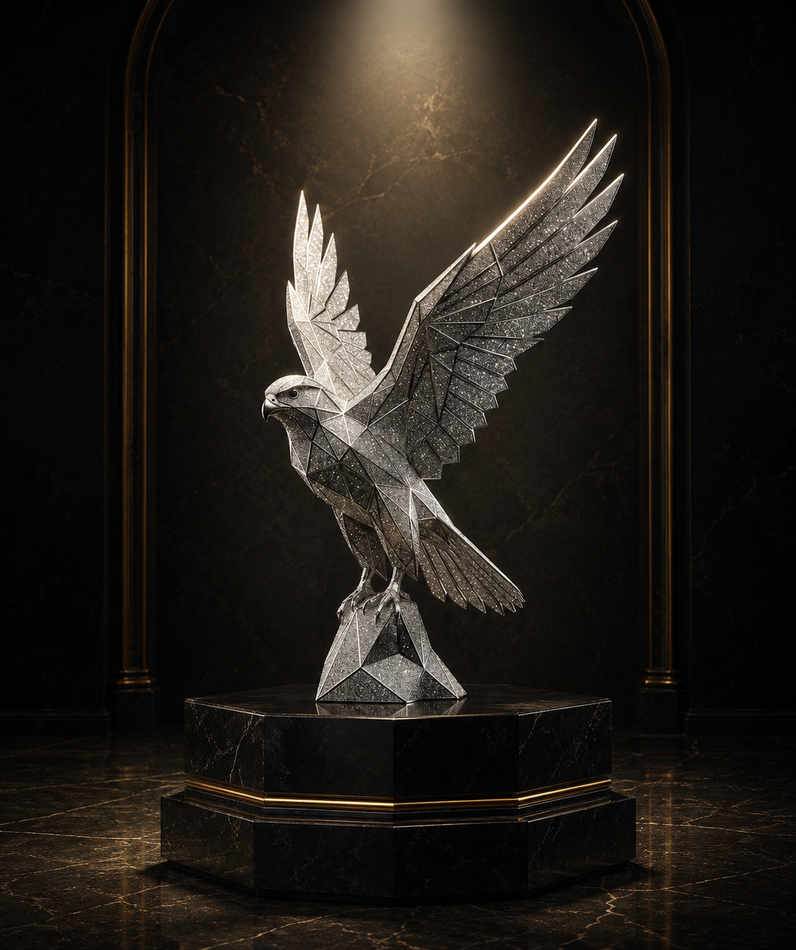 Diamond-faceted falcon sculpture with spread wings on a marble plinth