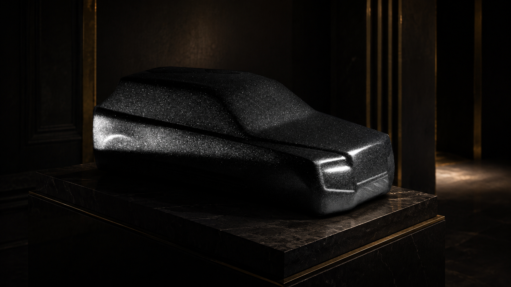 Sculpted automotive form finished in a diamond-dusted surface under low light