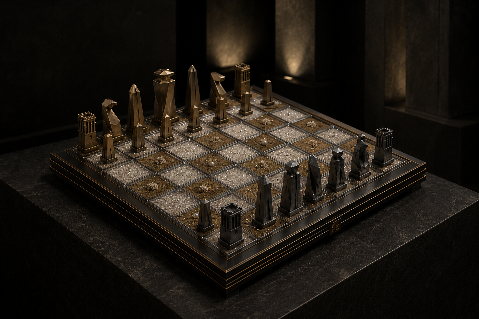 Architectural diplomatic chess set in gold and black stone