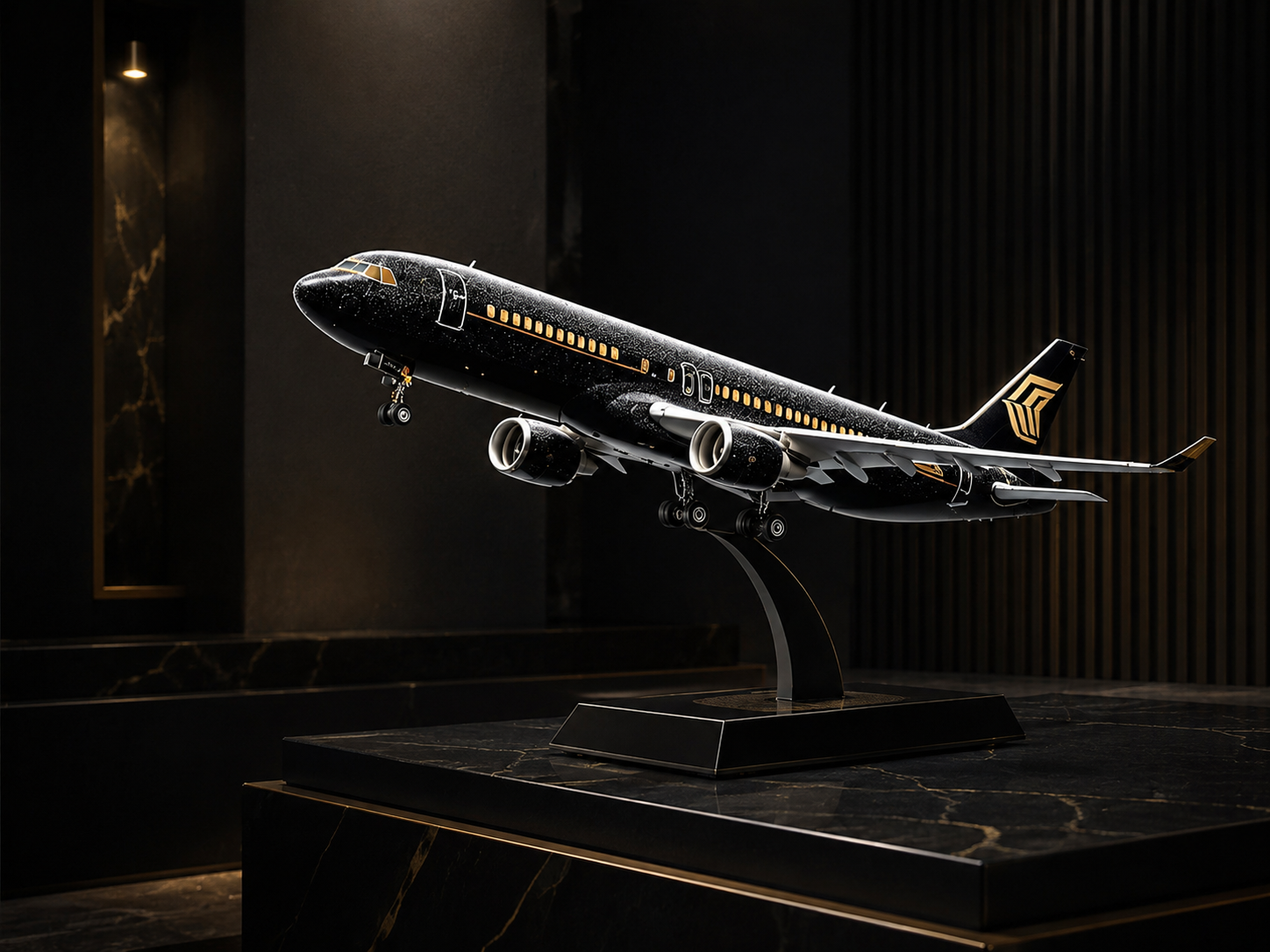 Black and gold commemorative aircraft model with diamond-dusted fuselage on a display stand