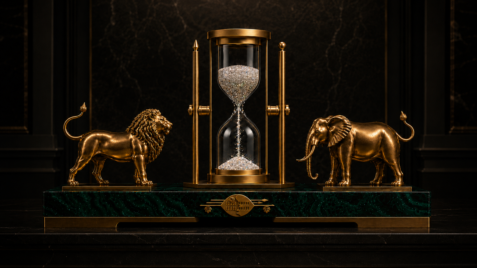 Sovereign hourglass flanked by gold lion and elephant on a malachite base