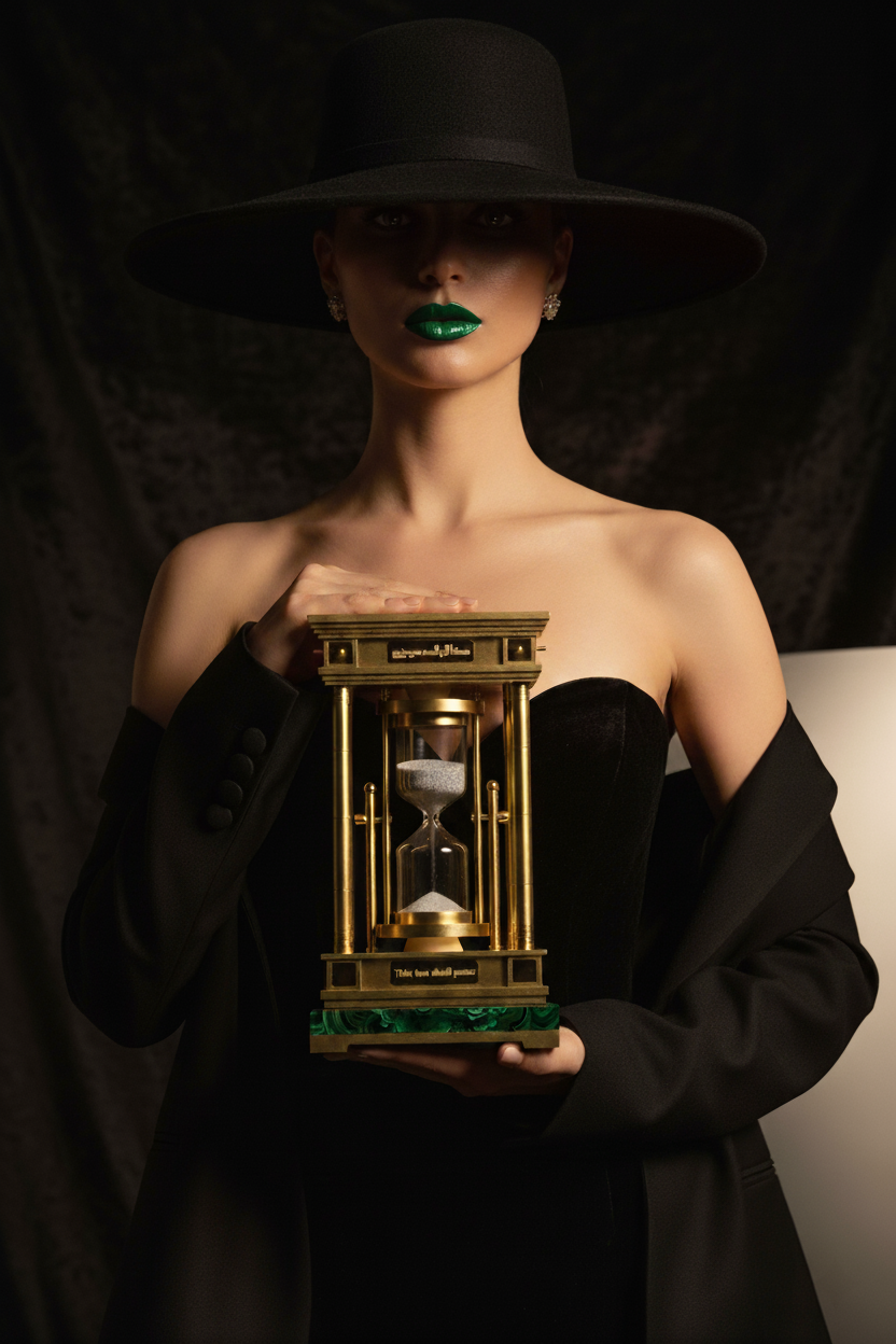Guardian of time — portrait holding a golden hourglass on malachite base