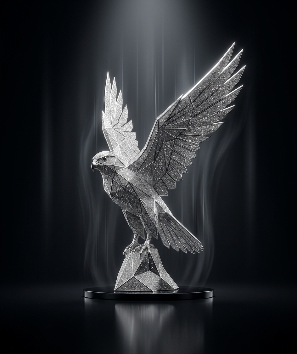 Diamond-faceted falcon sculpture on a mirrored plinth