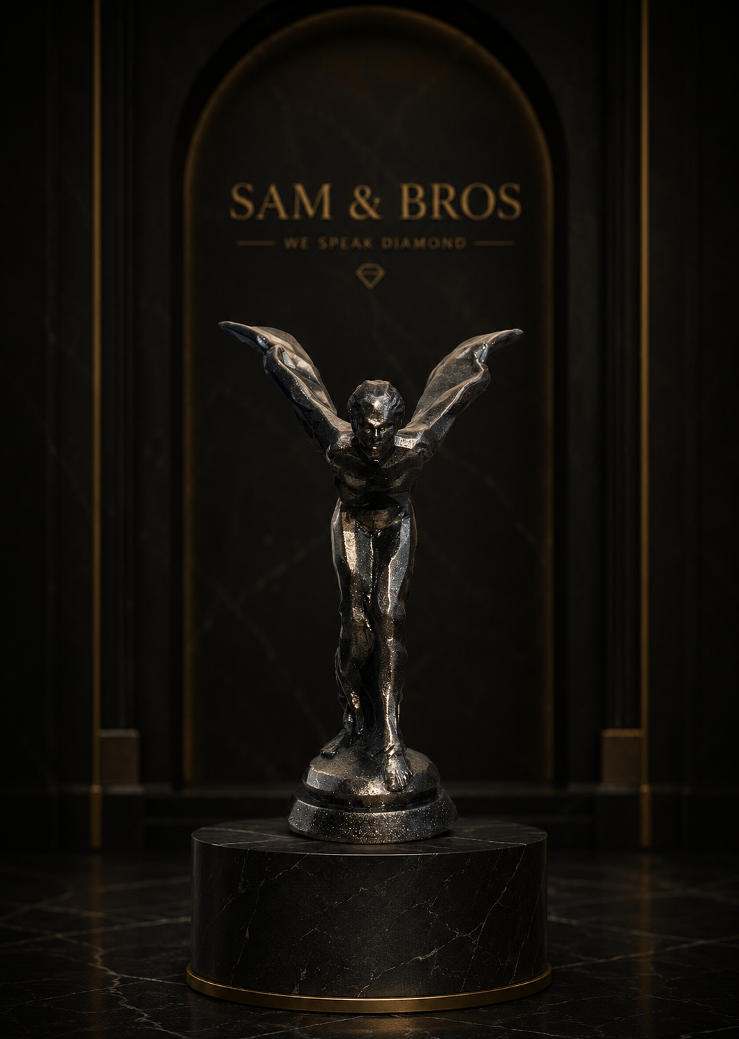 Silver winged spirit figurine with diamond-dusted finish before a SAM & BROS archway