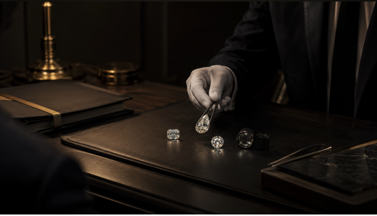 Gloved hand selecting a pear-shaped diamond with tweezers on a leather viewing surface
