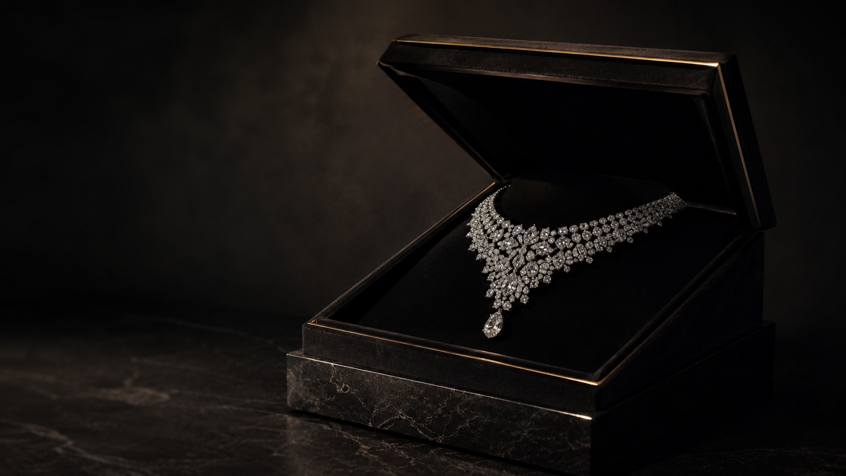 Ceremonial diamond necklace in a lined presentation box