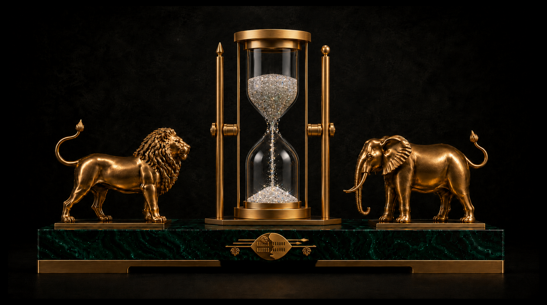 Sovereign hourglass flanked by gold lion and elephant on a malachite base