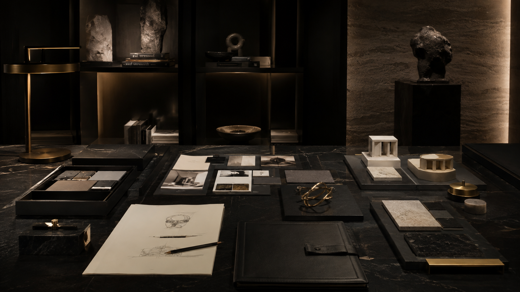 Atelier working table with collection sketches, material samples, maquettes, and identity documents