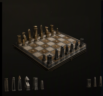 Architectural diplomatic chess set in gold and black stone