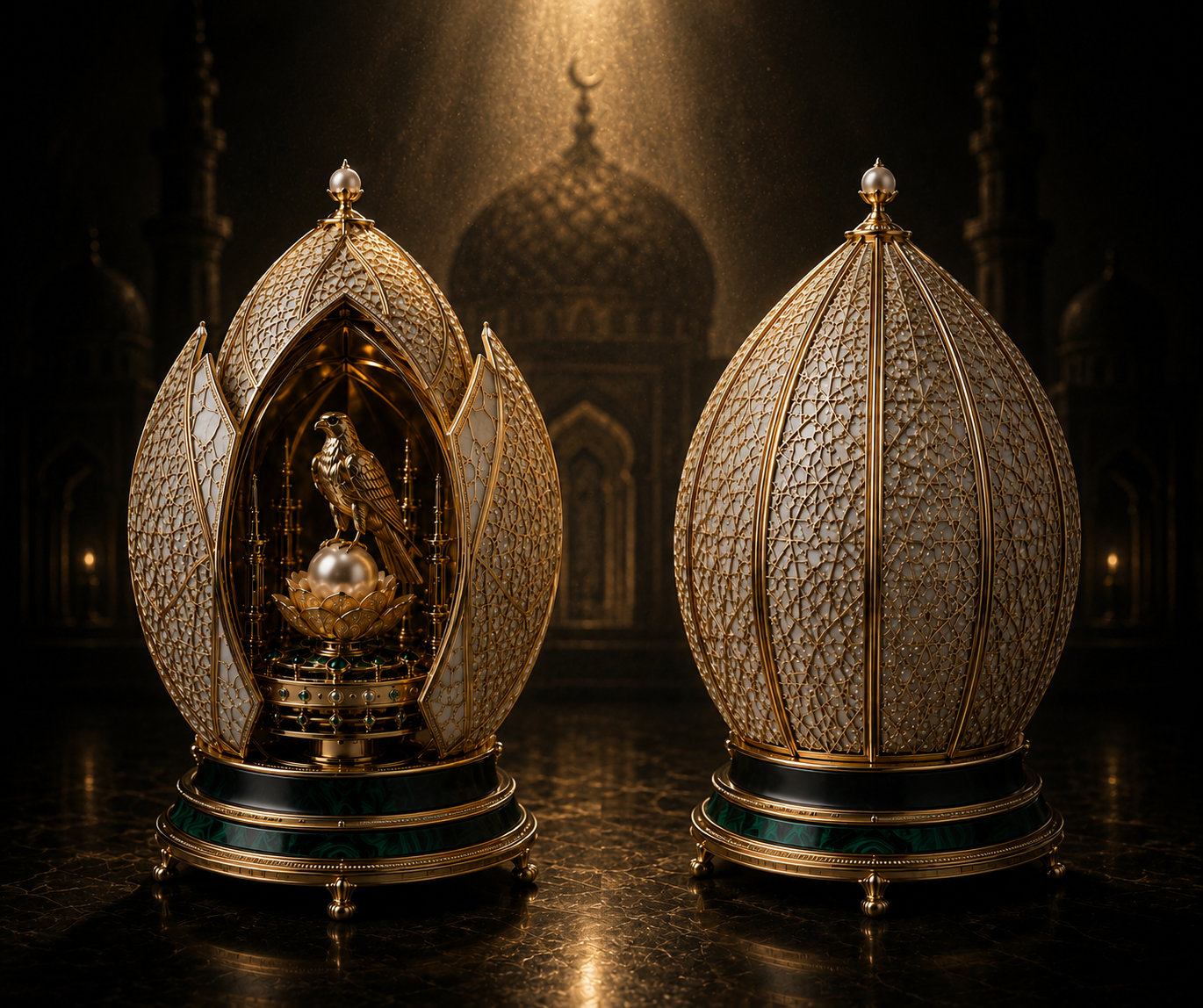 Twin sovereign reliquaries in gold filigree