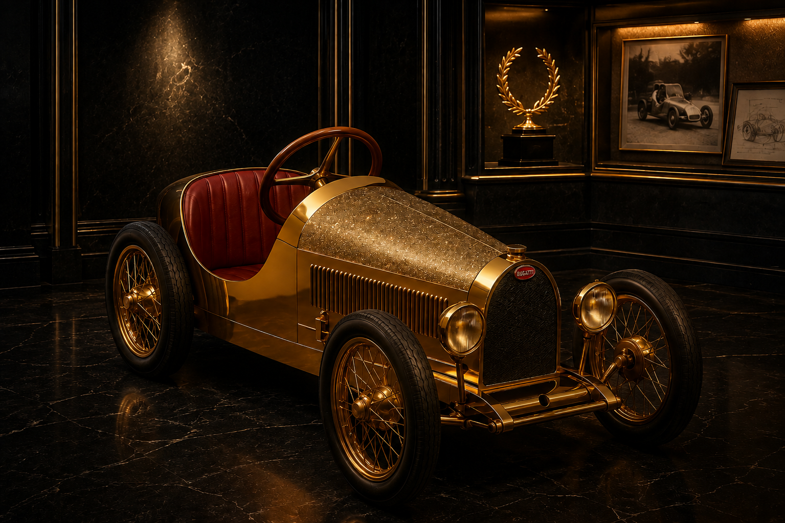 Heritage gold roadster with diamond-dusted bodywork in a private gallery