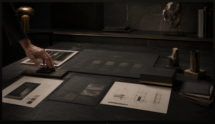 Brand strategy mood board with architectural sketches, material samples, and identity documents on a dark atelier desk