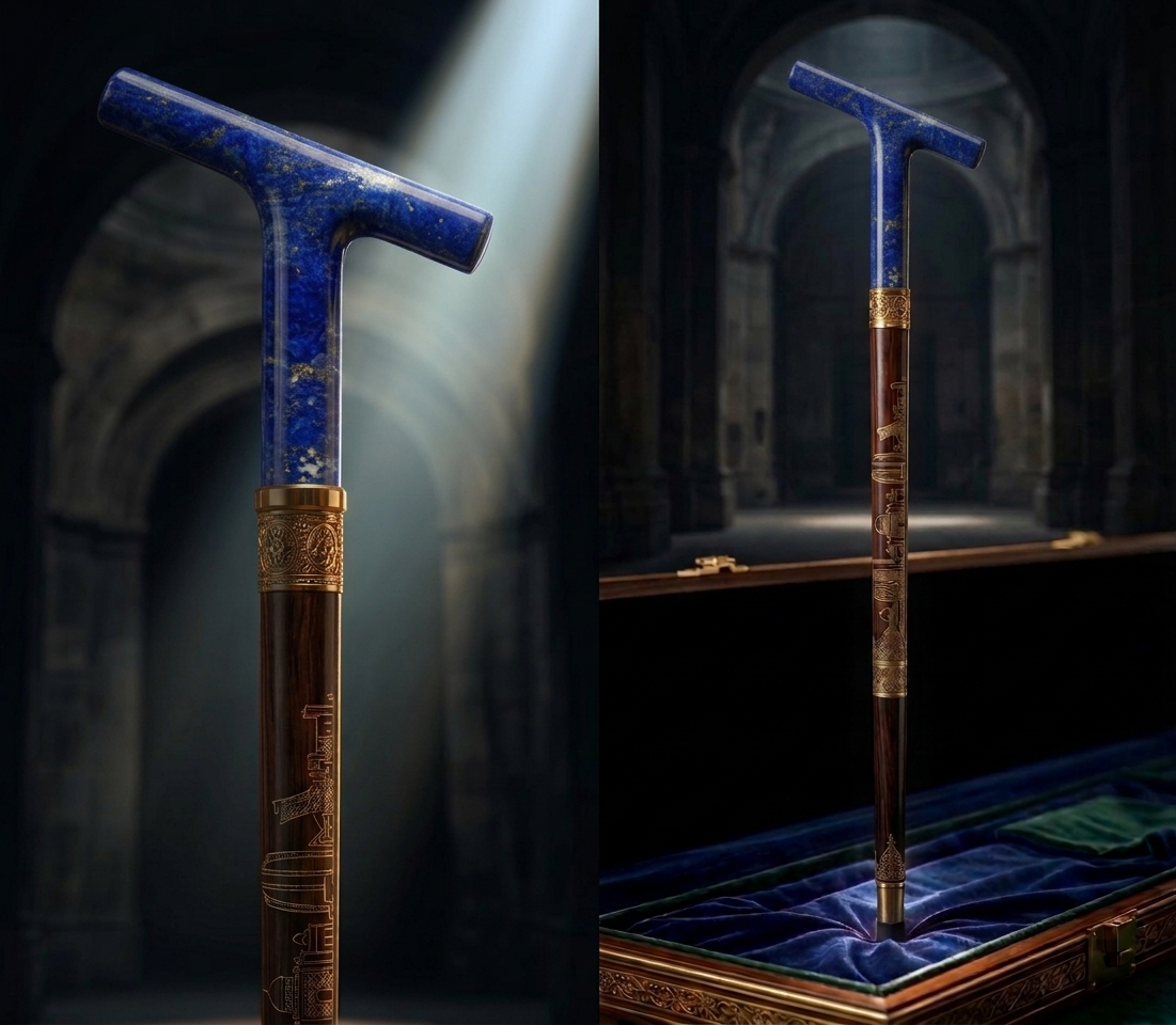 Ceremonial cane with lapis lazuli handle and engraved rosewood shaft
