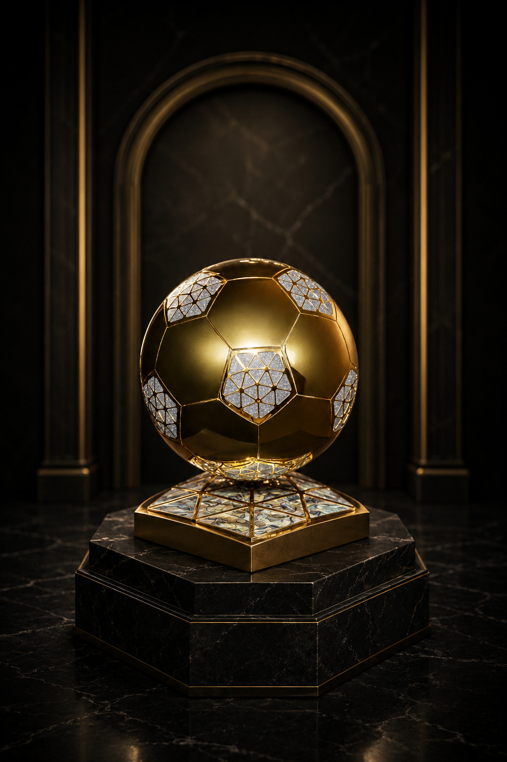 Gold and diamond commemorative football orb on an inlaid base